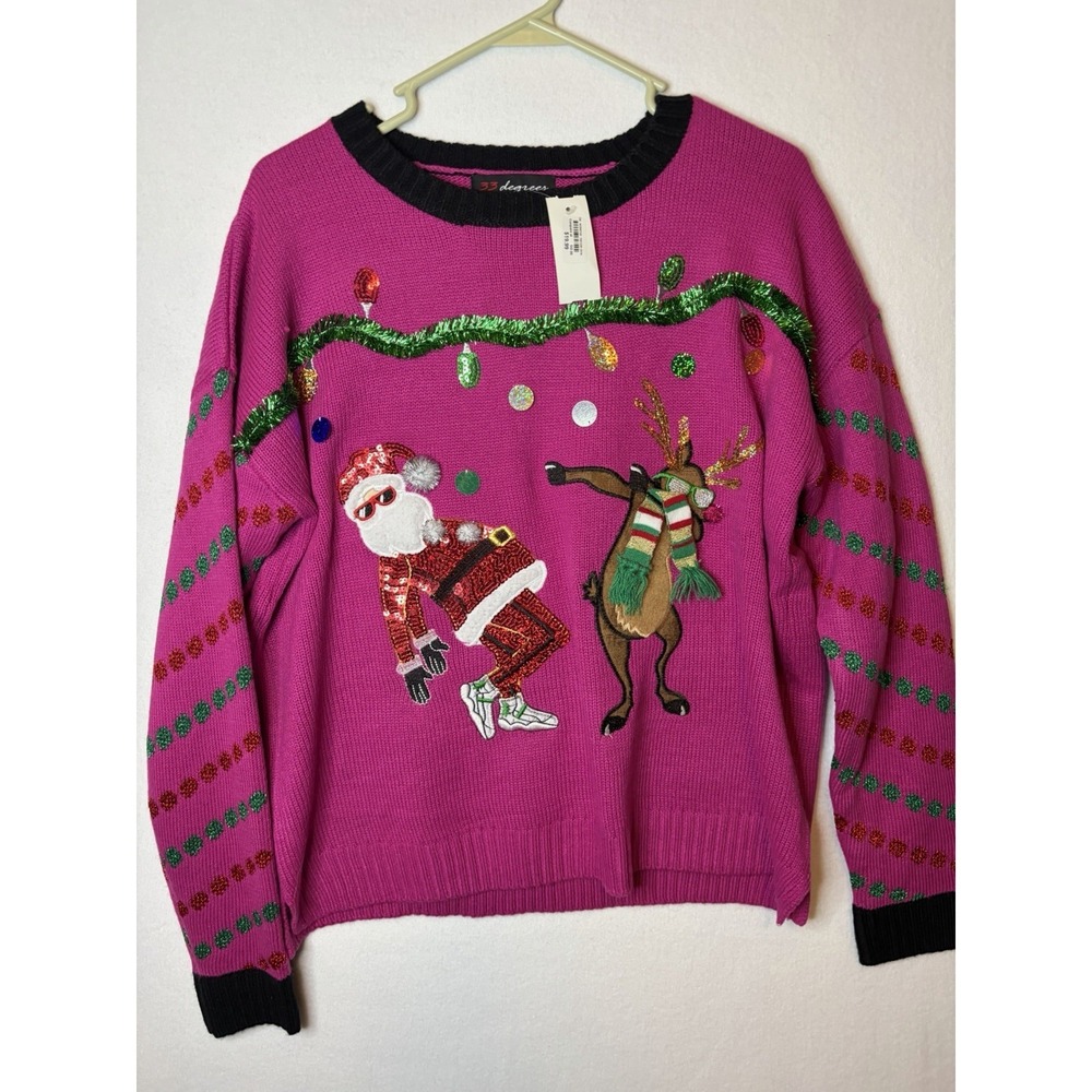 Christmas Holiday Ugly Sweater Pink/Fusia Rocking Santa Rudolph Medium/Festive